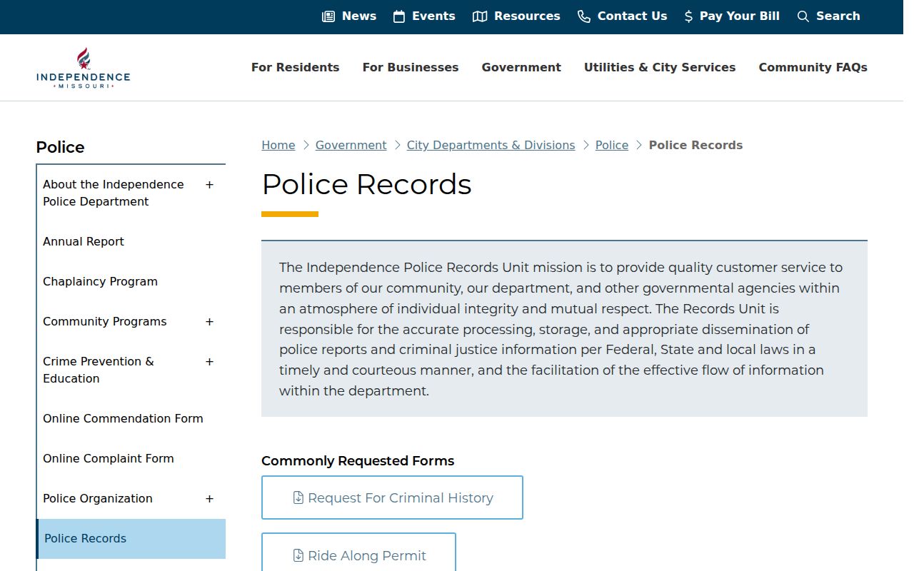 Independence Police Records counter for Jackson County arrest record requests