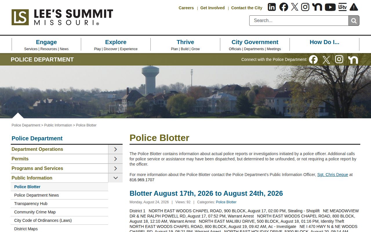Lee’s Summit Jackson County police blotter interface for arrest-record context
